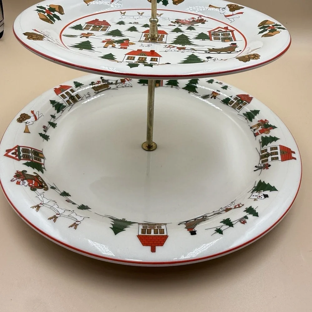 Jamestown China The Joy of Christmas 2 Tiered Serving Stand Ceramic Plates Retro